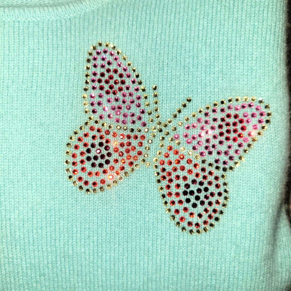 SAKS Fifth Avenue 100% cashmere sweater with rhinestone butterfly small